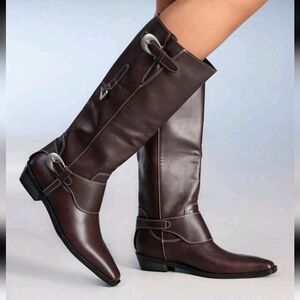 Women's Bronze Slip-On Pointed Toe Vintage Chunky Heel Mid-Calf Cowboy Boots